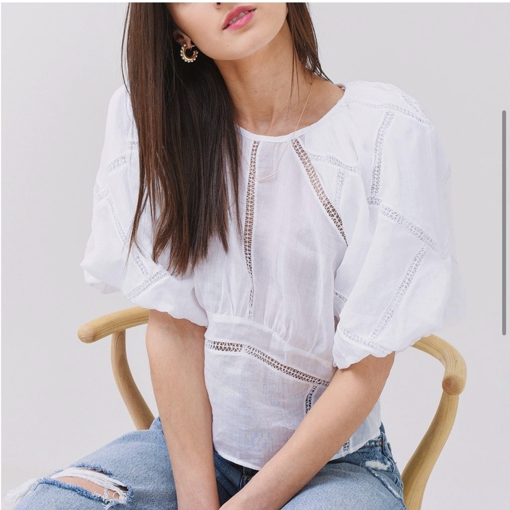 FRAME white inset lace gathered seam top